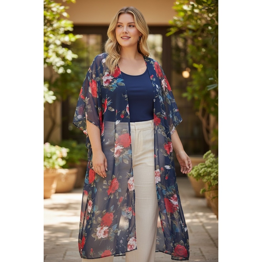 Nordstrom Navy Blue Floral Sheer Mesh Duster Kimono Rose Print Long Cardigan